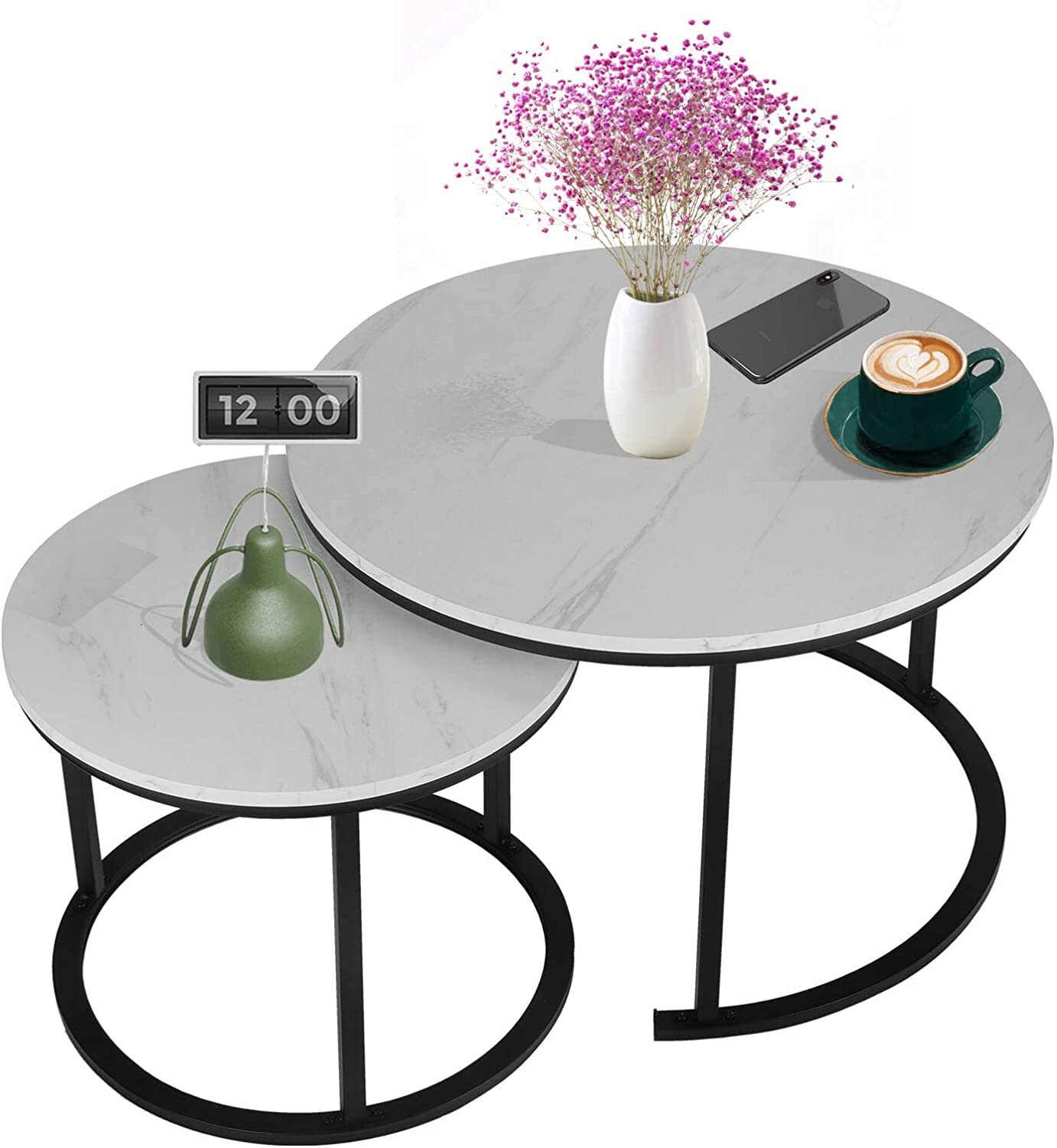 BIGTREE Modern Nesting Coffee Table Set of 2,Waterproof Faux Marble Wood Top & Metal Frame