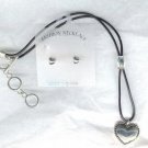 Black Cord Bright Silvertone Heart Necklace Earring Set