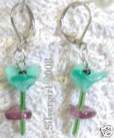 Single Stem Green Purple Flower Earrings