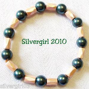 Magnetic Hematite Gemstone Stretch Bracelet Peach Green
