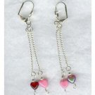 Glass Red Pink Heart Long Silver Chain Earrings