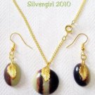 Green Brown Cabochon Earring Necklace Set