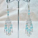 Aqua Czech Pearl Silver Chandelier Earrings
