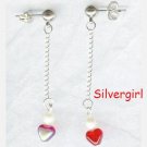 Czech Red Heart FW Pearl Long Silver Chain Earrings Czech Red Heart FW Pearl Long Silver Chain Earrings