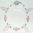 Pink White Glass Jade Rose Quartz Silver Plate Charm Bracelet