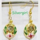Emerald Green Gold Pink Cloisonne Crystal Earrings