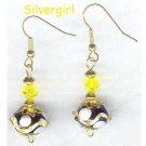 Yellow White Swirl Black Lampwork Crystal Earrings