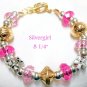 Large Holed SS Lined Bead Silver/Gold Plate Leather Bracelet Pink