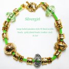 Large Holed SS Lined Bead Gold Plate Leather Bracelet Green