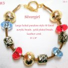 Large Holed SS Lined Bead Gold Plate Leather Bracelet Red Blue