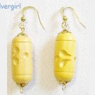 Carved Wooden Tube Bead Gold Plated Dangle Earrings