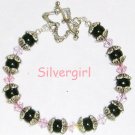 Pink Crystal Black Glass Pearl Silver Plate Bracelet