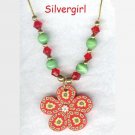 Red Green Polymer Clay Flower Beaded Necklace Red Green Polymer Clay Flower Beaded Necklace