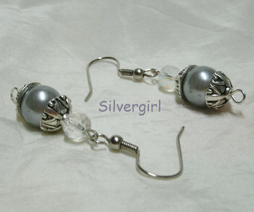 Glass Lavender Grey Pearl Crystal SP Dangle Earrings
