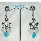 Fibre Optic Aqua White Heart Silver Chandelier Earrings