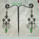 Fibre Optic Green White Heart Silver Chandelier Earrings
