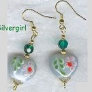 Floral Glass Lavender Gray Heart Dangle Earrings Floral Glass Lavender Gray Heart Dangle Earrings