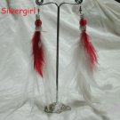 Silver Plate Fluffy Red and White Feather Flip Earrings