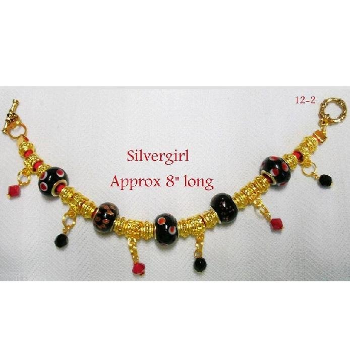 Large Holed SS Lined Lampwork Glass Bead Gold Plate Leather Bracelet Black Red