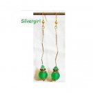 Stick Gold Plate Frosted Green Glass Dangle Earrings