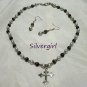 Shimmering Purple Cat's Eye Pearl Cross Necklace Earring Set