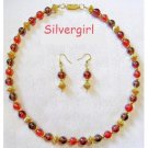 3 Tone Red Luster Glass Gold Plate Necklace Earring Set 3 Tone Red Luster Glass Gold Plate Necklace Earring Set