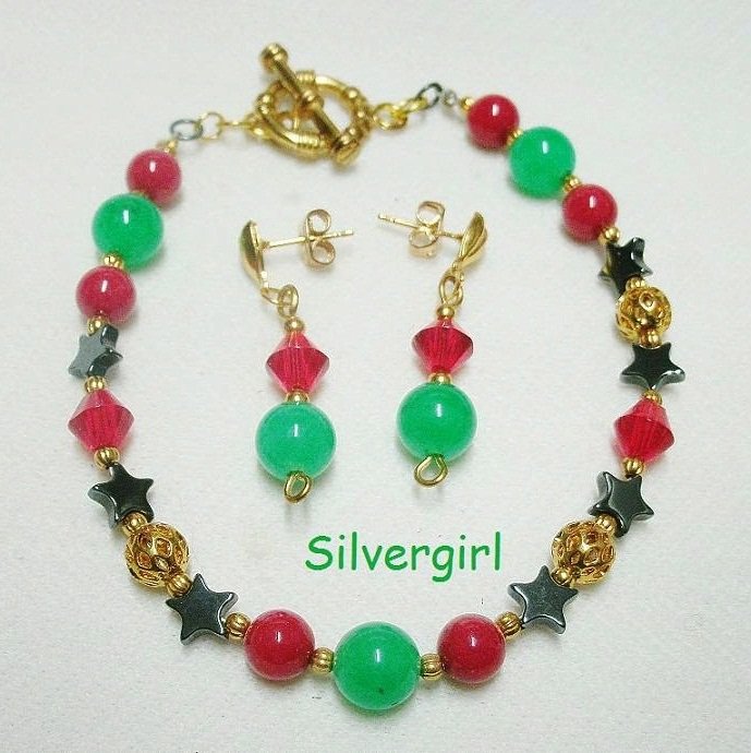Christmas Red Green Gold Bracelet Earring Set