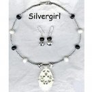 Black and White Lampwork Carved Pendant Necklace Set
