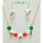 Lampwork Heart Gold White Red Green Gold Plate Necklace Earring Set Christmas
