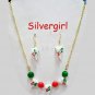 Lampwork Heart Gold White Red Green Gold Plate Necklace Earring Set Christmas