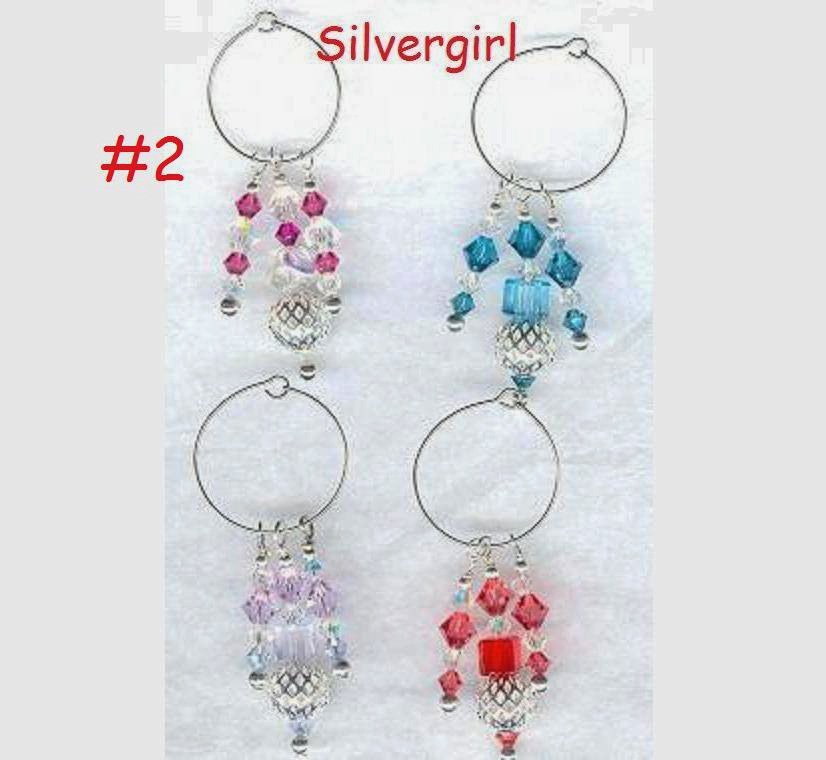 4 Sparkly Hand Created Crystal Silver Wine Glass Charms