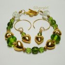 Green Gold Lampwork Heart Bracelet Earring Set