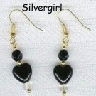 Czech Black Heart Frosted Bead Earrings