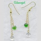 2 Strand Gold Chain Green Clear Heart Dangle Earrings