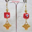 Long Square Orange Glass Lampwork Dangling Charm GP Earrings.