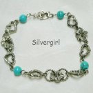 Antiqued Silver Plate Hearts Flowers Turquoise Bracelet Antiqued Silver Plate Hearts Flowers Turquoise Bracelet