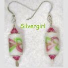 White Pink Green SS Lined Tube Lampwork Earrings White Pink Green SS Lined Tube Lampwork Earrings
