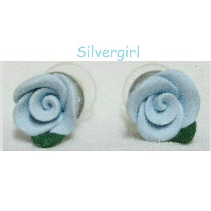 Soft Light Blue Polymer Clay Rose Stud Earrings