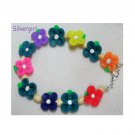 Multi Colored Polymer Clay Flower Wood Bead Bracelet Lobster Clasp