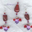Red Purple Glass Bead Dangle Earring Necklace Set