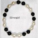 Shimmery White and Black Glass Pearl Stretch Bracelet