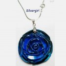 Silver Plate Chain Carved Blue Glass Flower Necklace