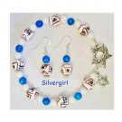 Aztec Bracelet & Earrings Blue White Jade Ceramic Ball Set