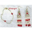 Siam Red Glass Bicone Imitation Pearl Bracelet Set