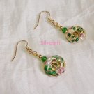 Emerald Green Pink Cloisonne Donut Crystal Earrings
