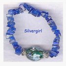 Blue Quarts Gemstone Chips Floral Blue Lampwork Bracelet *reduced*