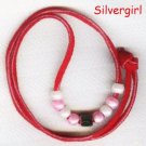 Red Leather Necklace Pink White and Silver Beads