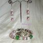 Lilac Green White Glass Beaded Bracelet Earrings Set