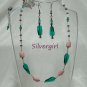 Pink Emerald Green Twisted Bead Necklace Earring Set