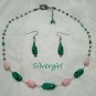 Pink Emerald Green Twisted Bead Necklace Earring Set